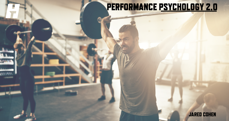 Man lifting weights in gym, "Performance Psychology 2.0" text overlay.