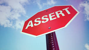 Red "ASSERT" sign against a blue sky with clouds.