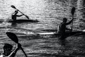 Kayakers racing on water in black and white.