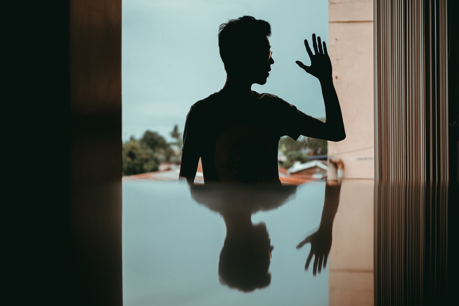 Silhouette of person by window, reflective surface.