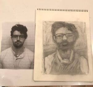 Photo and sketch of a bearded man with glasses.