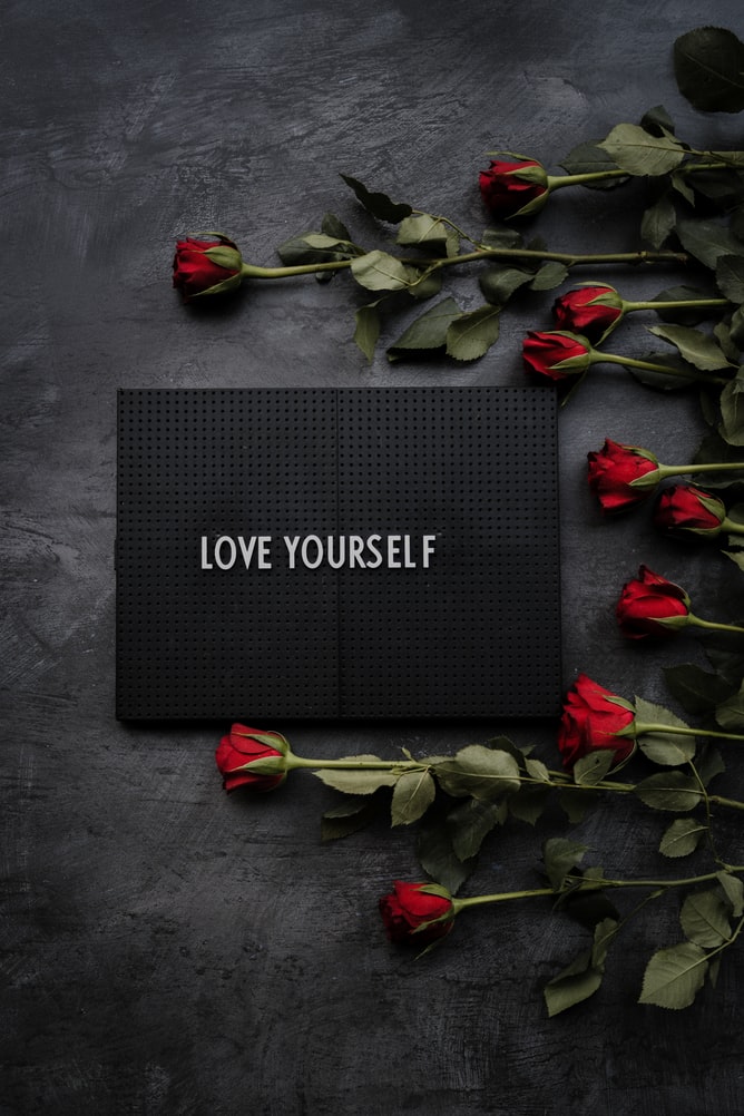 Red roses surround 'Love Yourself' sign on dark background.