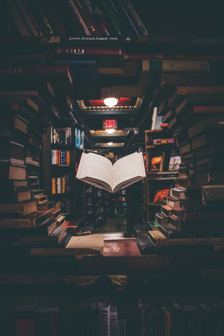 Floating book in cozy library aisle.