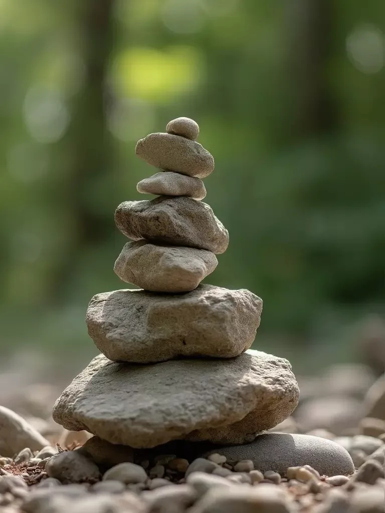 Zen rock stack in tranquil forest setting
