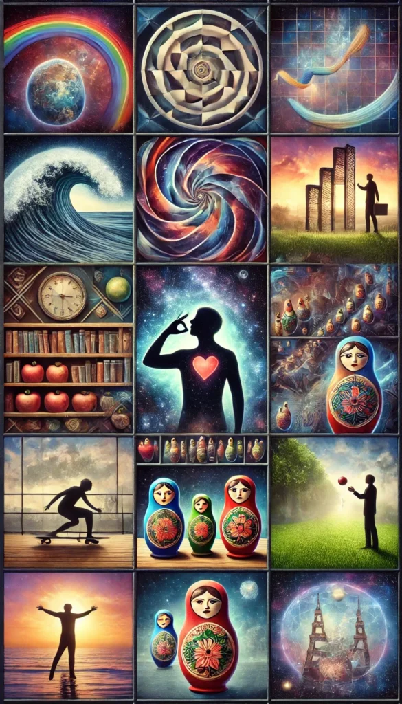 Collage of surreal artistic images with vibrant themes