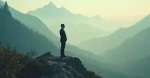 Man in suit overlooking misty mountain landscape