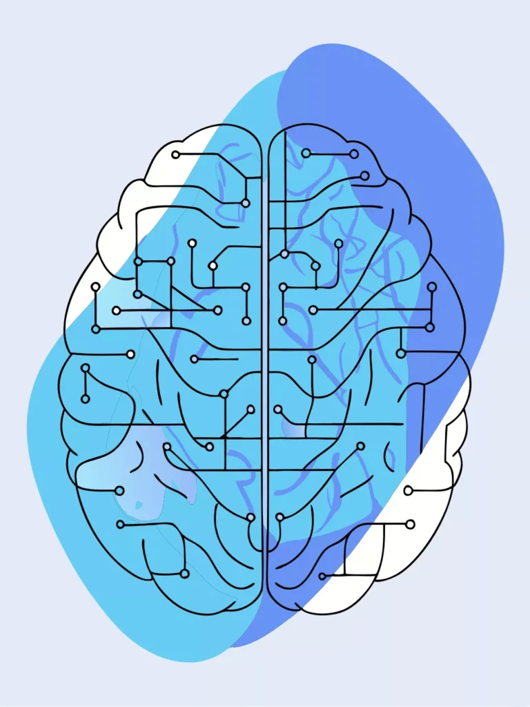 Illustration of stylized brain with digital circuit overlay