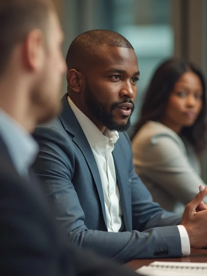 Focused businessman discussing with colleagues in office