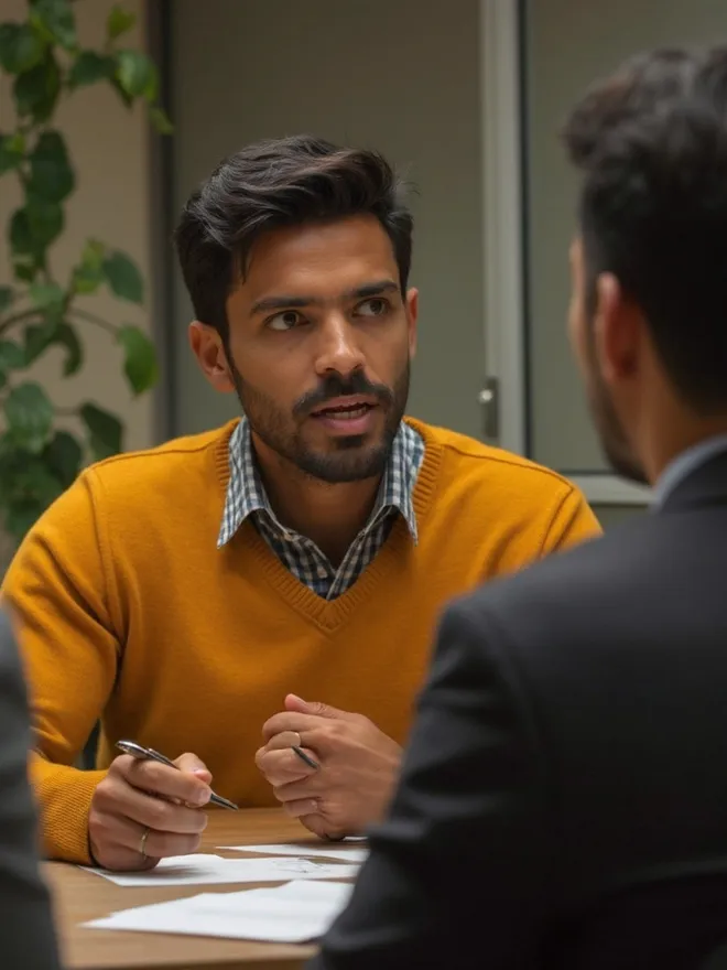 Man in yellow sweater in business meeting