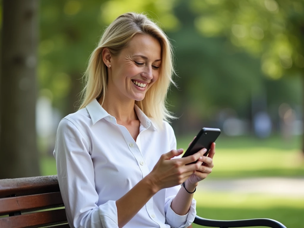 Smiling woman using smartphone on park bench