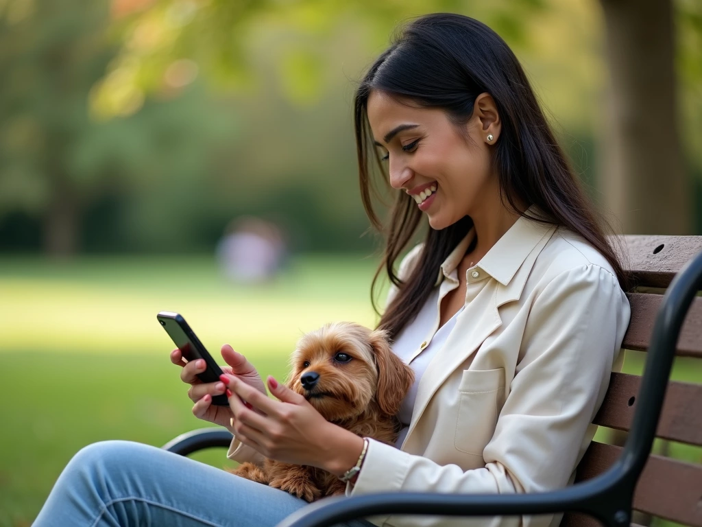 Woman using smartphone with dog on park bench