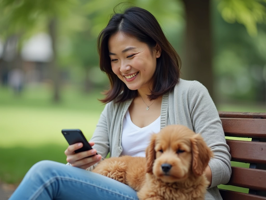 Woman smiles using phone beside puppy on park bench.