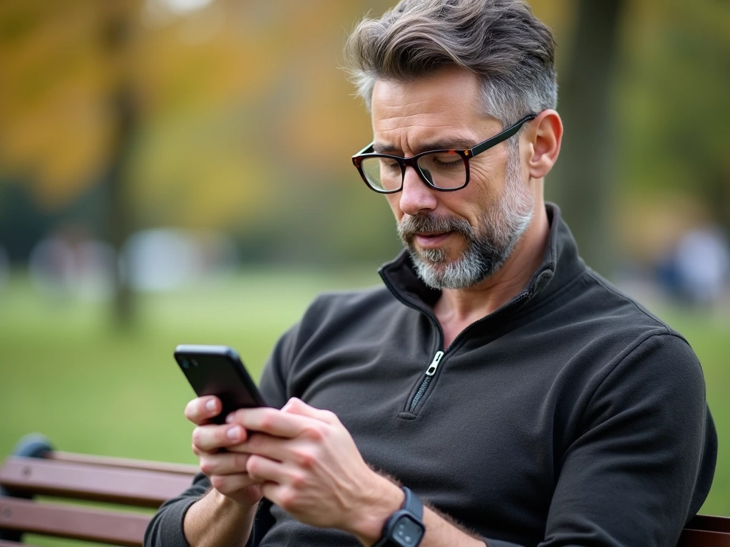 Man using smartphone on park bench in autumn