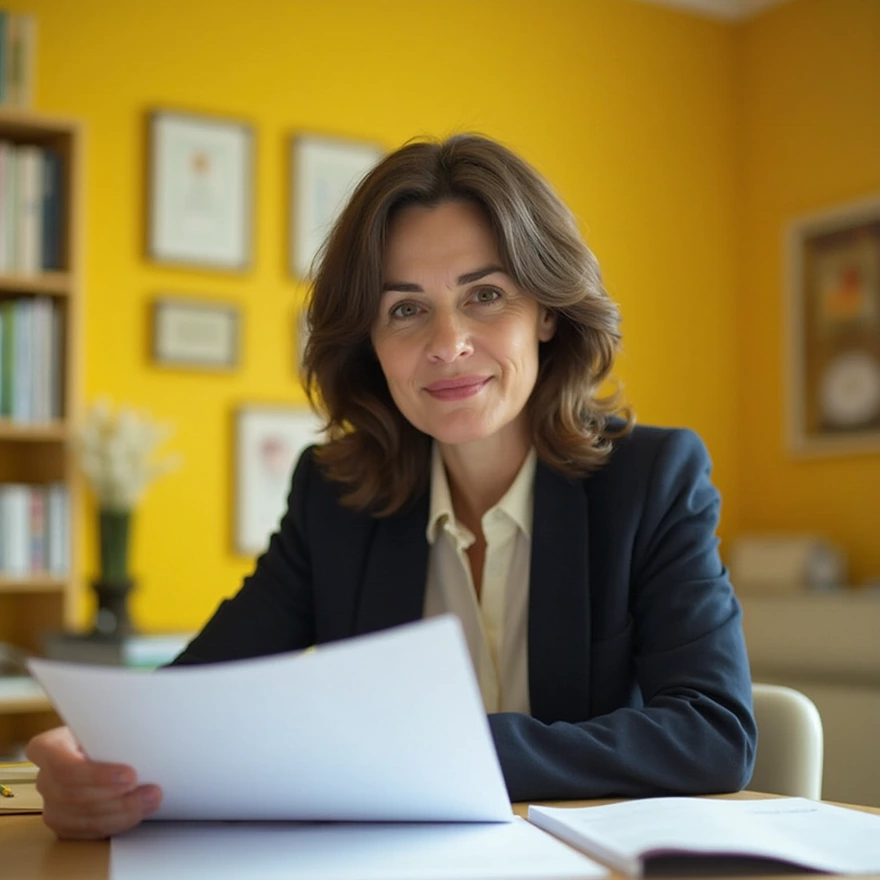 Confident professional woman reviewing documents in office