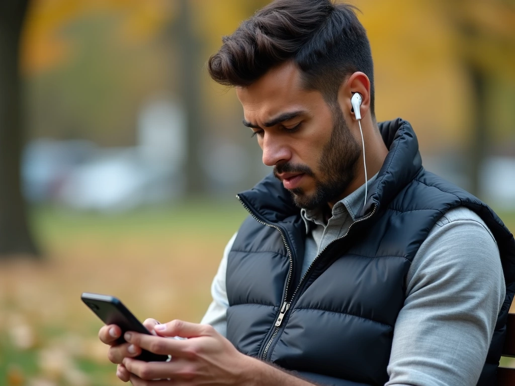 Man using smartphone with earphones in autumn park