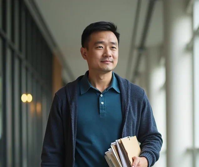 Professional man walking with books and smartphone