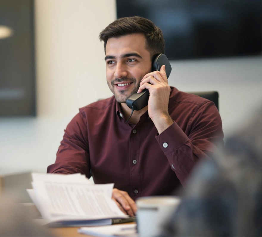 Smiling man talking on phone in office setting