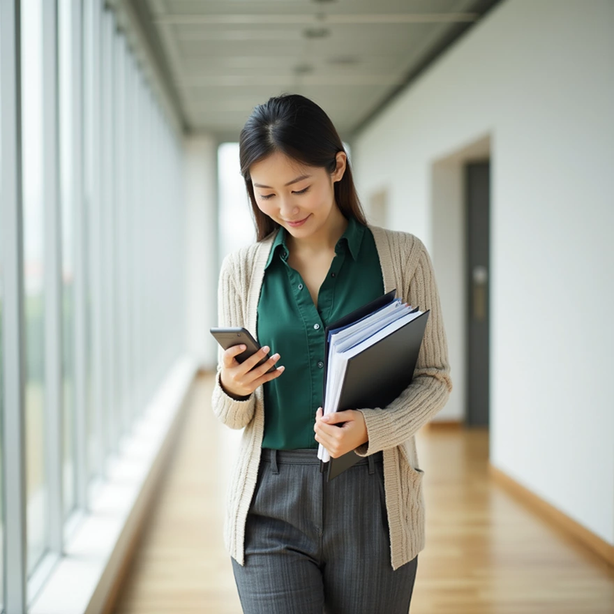 Professional woman walking, checking phone, holding documents