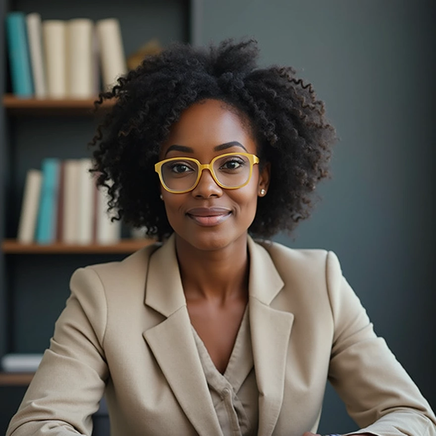 Confident businesswoman with glasses smiling at desk