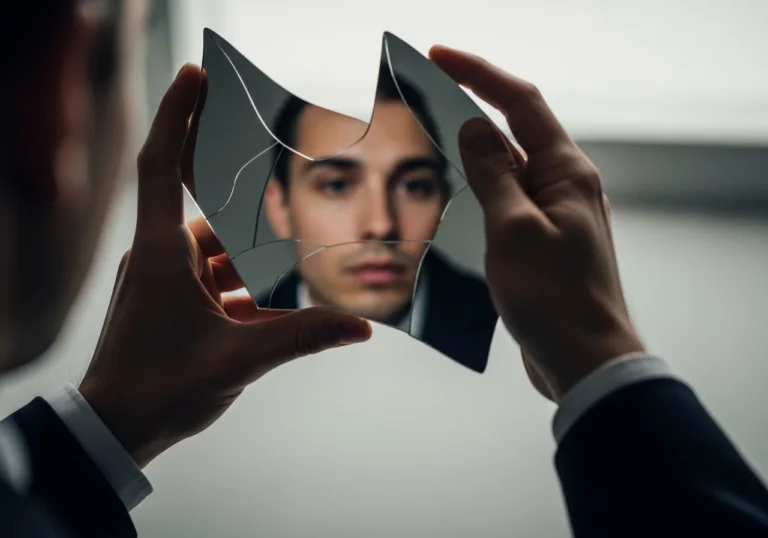 Man looking at his reflection in a broken mirror
