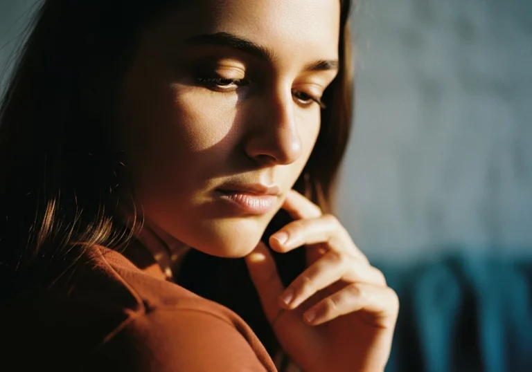 Woman pondering in sunlight with a hand on her chin