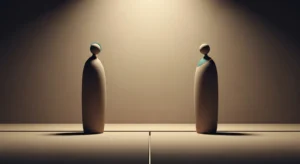 Abstract figurines facing each other on minimalist stage