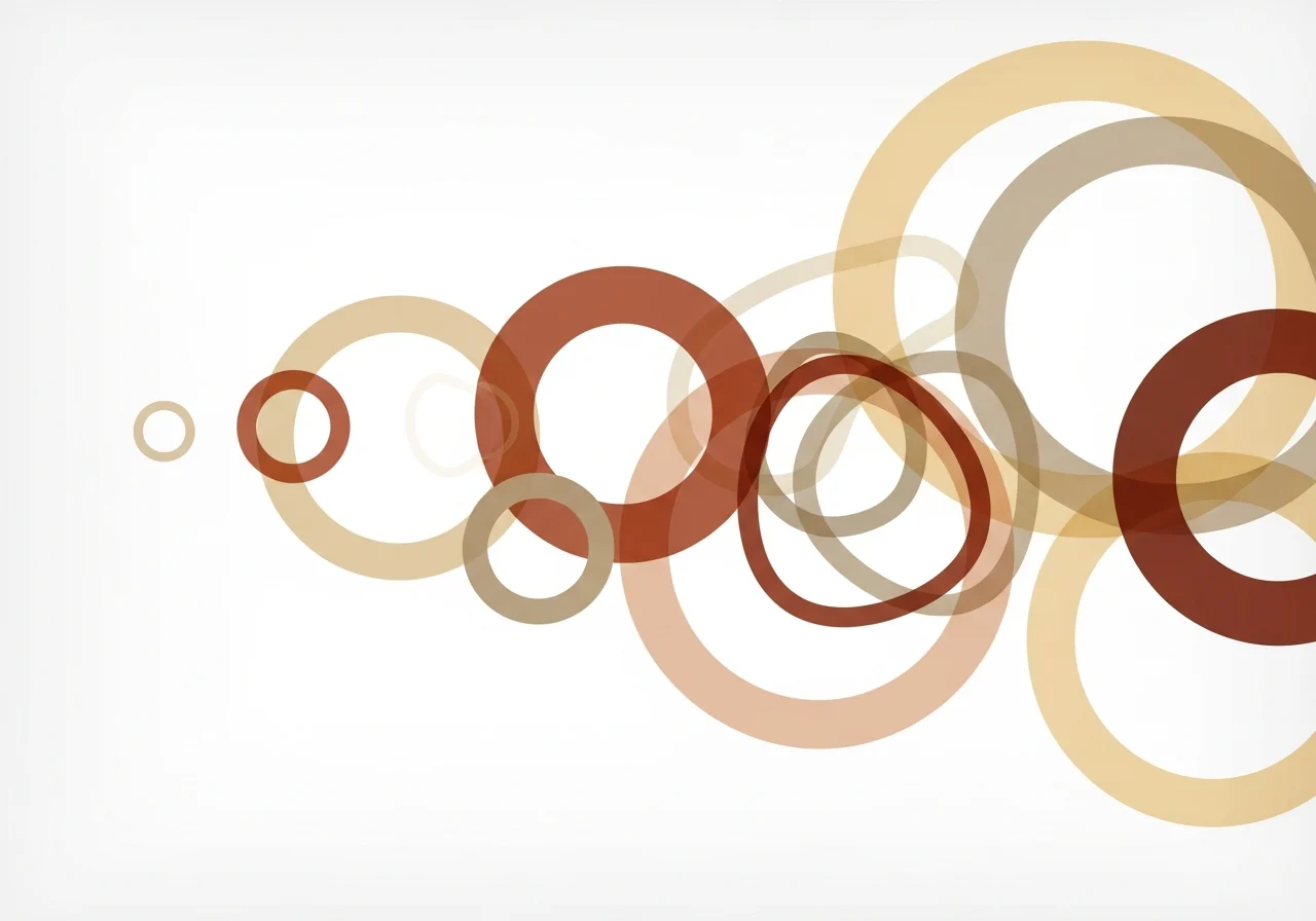 Abstract visualization of iteration and experimentation—a series of overlapping translucent circles or loops in warm neutral tones (sand, terracotta, soft gold) against a clean white or light gray background. The circles vary slightly in size and position, suggesting progression and refinement over time. Minimal, sophisticated, editorial style. Evokes curiosity, movement, and gradual evolution without being literal.Retry