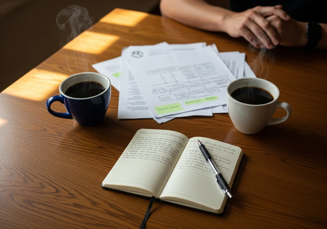 An overhead view of two coffee cups on a wooden table with papers between them, suggesting a meaningful one-on-one conversation. Natural light, warm but understated. The scene feels like a real leadership moment, not a stock photo setup.