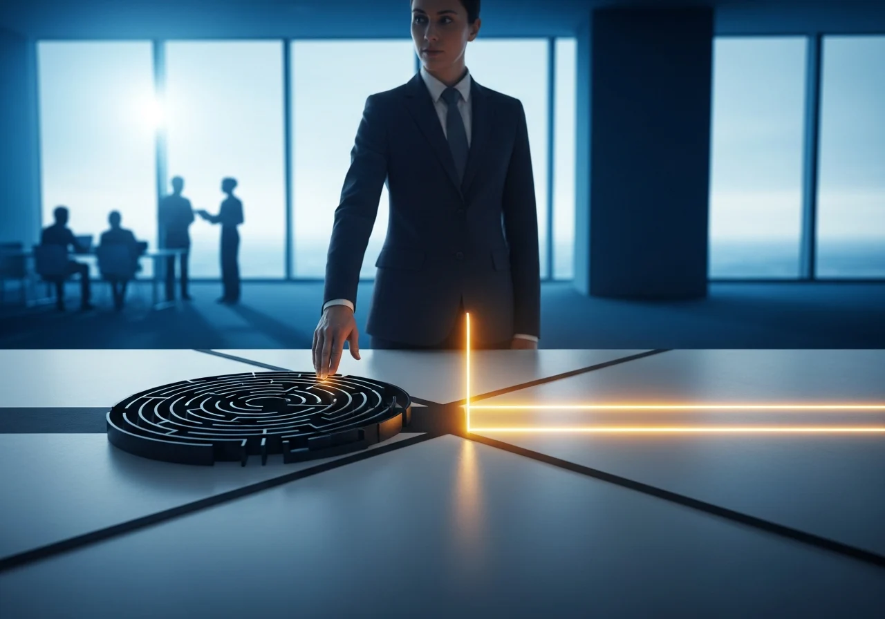 Businesswoman activating futuristic labyrinth puzzle in office